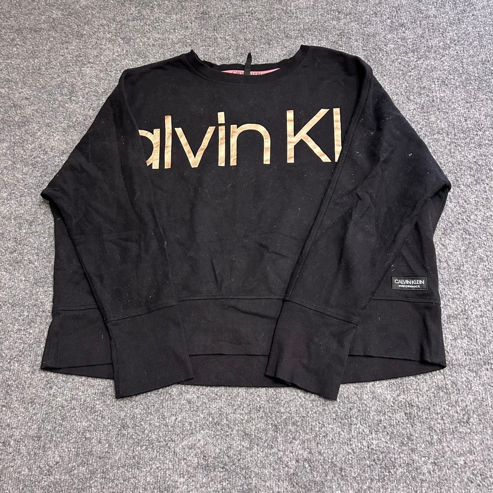 Calvin Klein Sweatshirt Womens Size L Black Rose Gold Logo Performance Pullover
